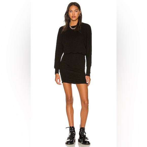 MONROW NWT SUPER SOFT OPEN BACK SHIRRED DRESS BLACK XS REVOLVE - Picture 3 of 11